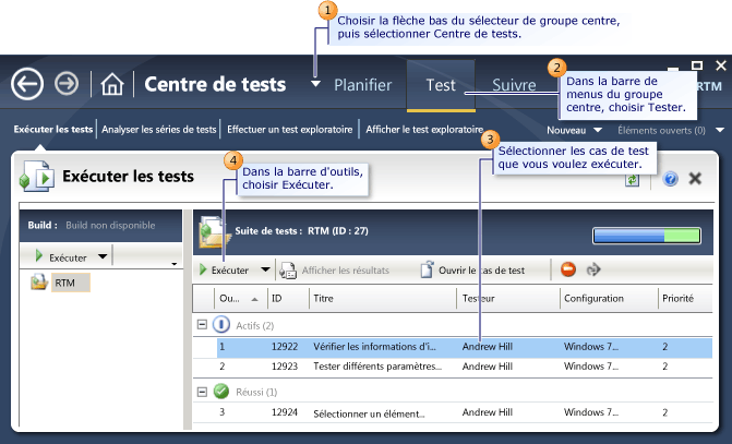 Sélection du test à exécuter dans Microsoft Test Manager