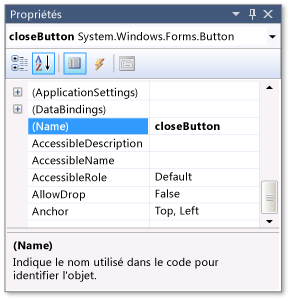 Fenêtre Propriétés avec nom closeButton