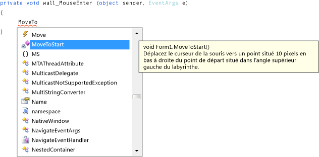 Fenêtre IntelliSense