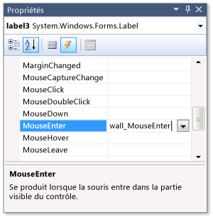 Fenêtre Propriétés affichant l'événement MouseEnter