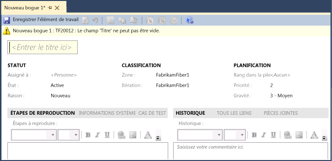 Formulaire d'élément de travail Bogue