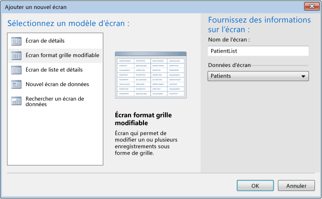 Écran Définition de PatientList