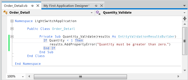 Écriture du code de validation dans l'éditeur de code