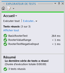 Explorateur de tests unitaires indiquant 3 tests réussis.