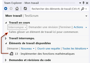 Liste des tâches sur la page Mon travail dans Team Navigator