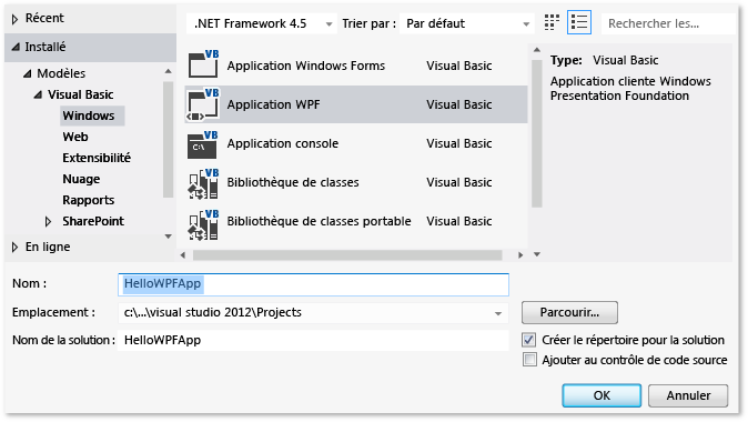 Créer un projet Visual Basic WPF, HelloWPFApp