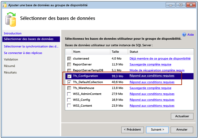 Ajouter les bases de données TFS au groupe de disponibilité AlwaysOn