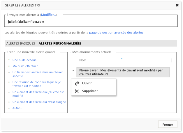 Gérer les alertes personnalisées TFS individuelles