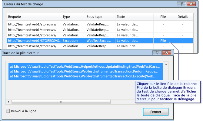 Boîte de dialogue Trace de la pile d'erreur