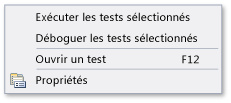 Explorateur de tests unitaires - menu contextuel des tests unitaires