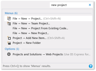 Quick Launch Results for 'new project'