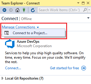 Connect to a project in Team Explorer
