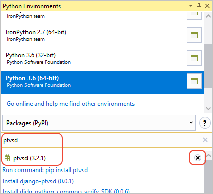 Checking the ptvsd version in the Python Environments window