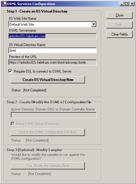 dsml services configuration dialog box