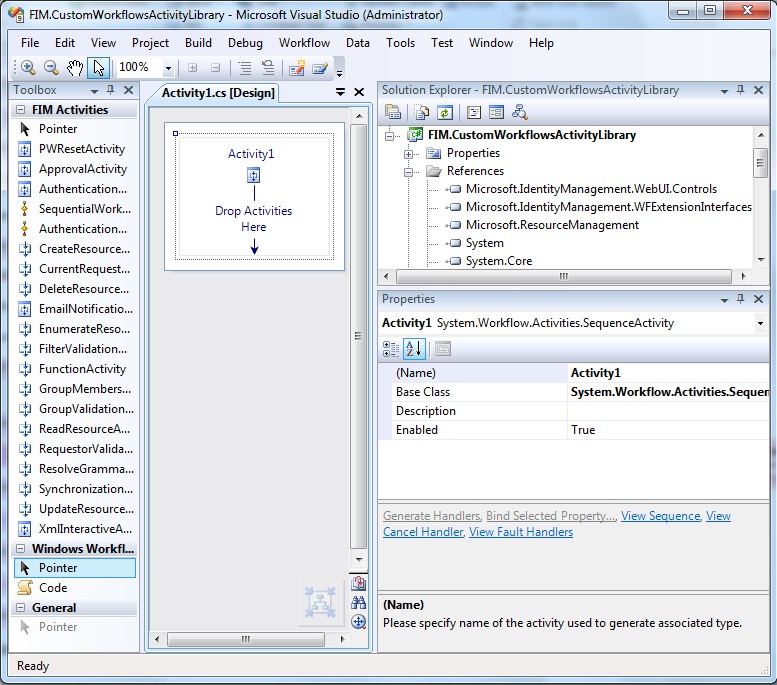 FIM.CustomActivityLibrary Visual Studio workspace.