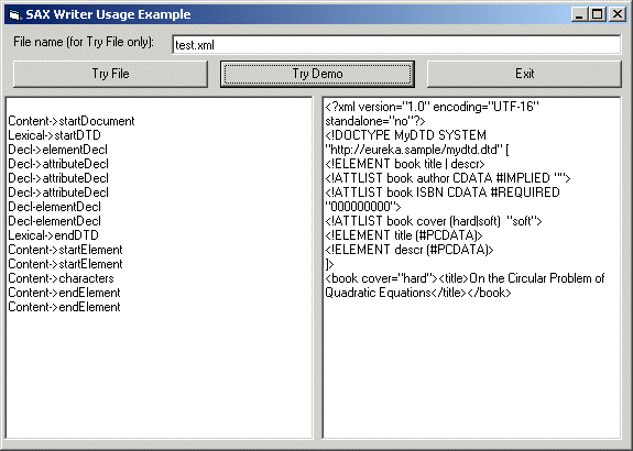 SAX Writer Usage Example form