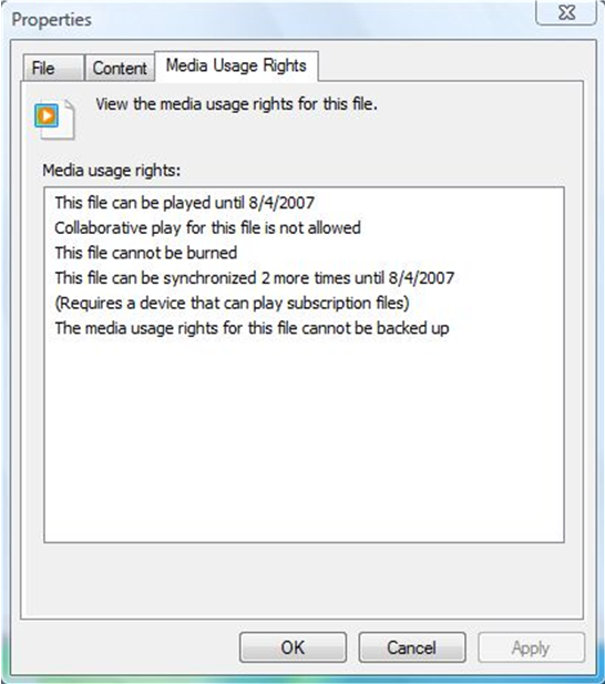 screen shot showing the media usage rights for a protected file