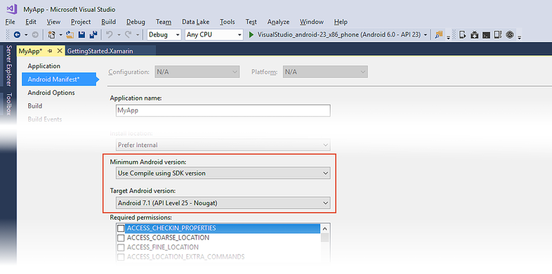 Versions minimale et cible d’Android définies sur La version du Framework cible