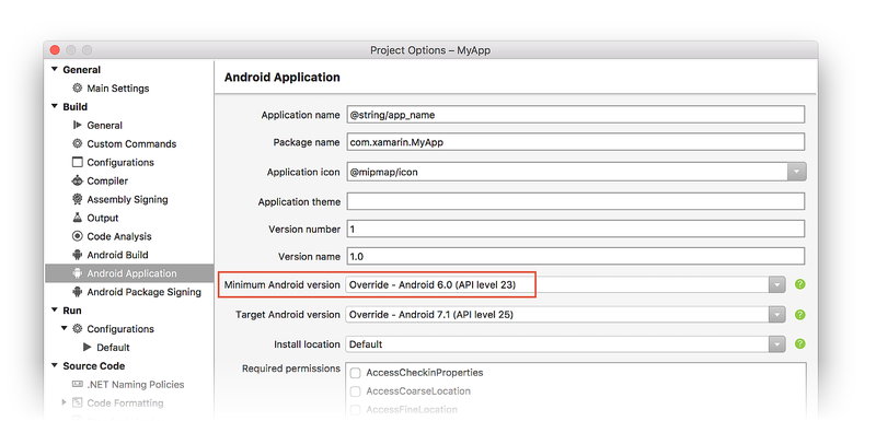 Version minimale d’Android définie sur Automatique - utiliser la version du framework cible