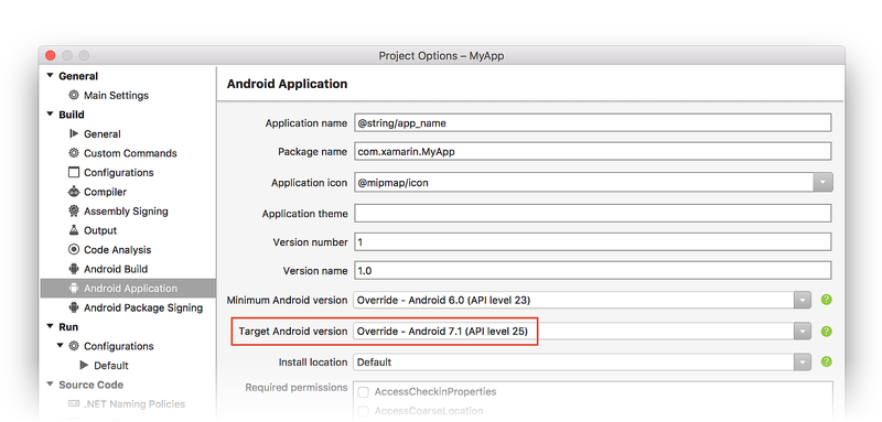 Version d’Android cible définie sur Automatique - utiliser la version du framework cible