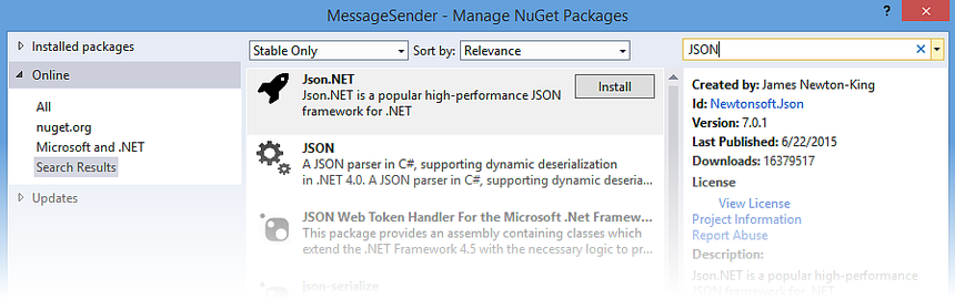 Installation du package Json.NET