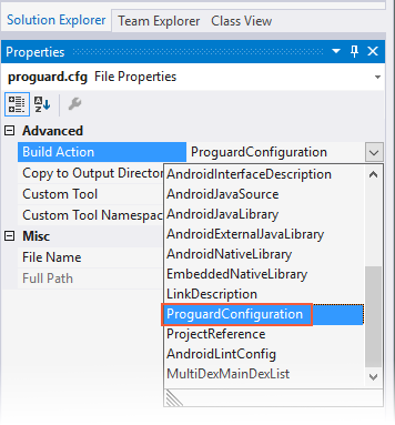 Action de build ProguardConfiguration sélectionnée