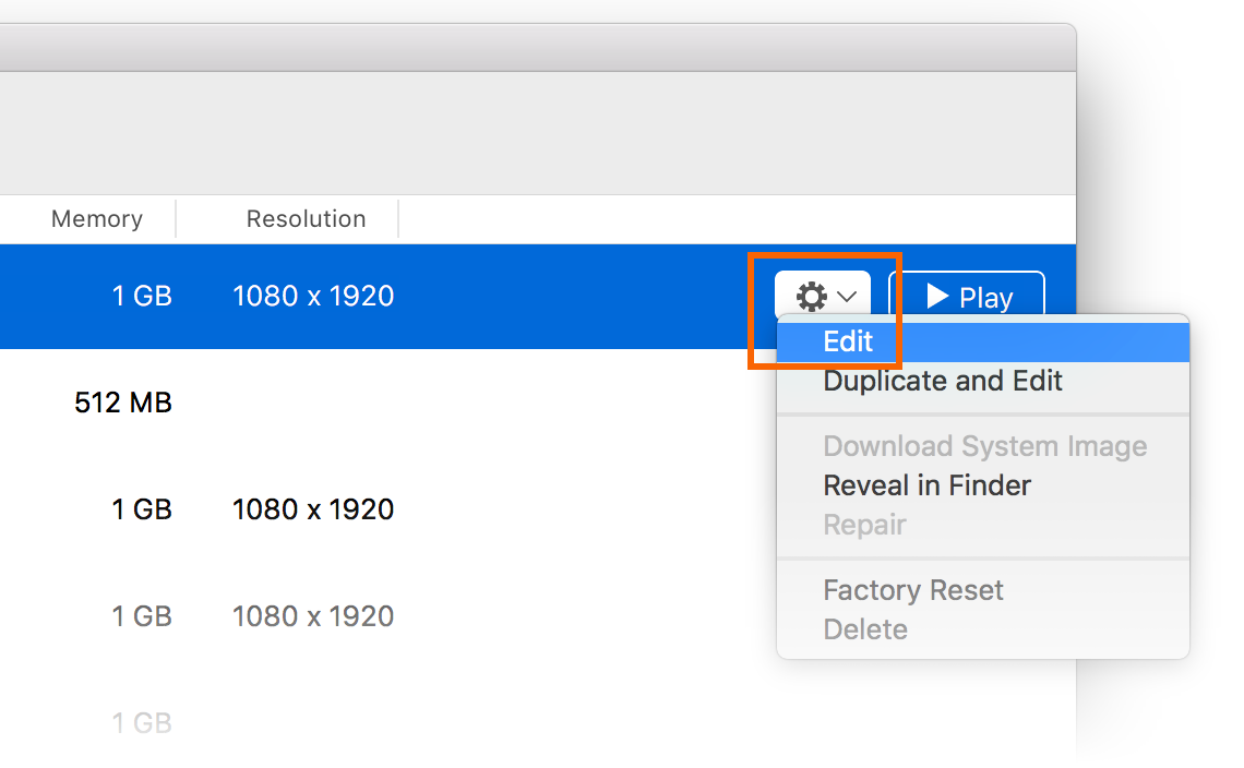 Sélection du menu Modifier pour la modification d’un nouvel appareil