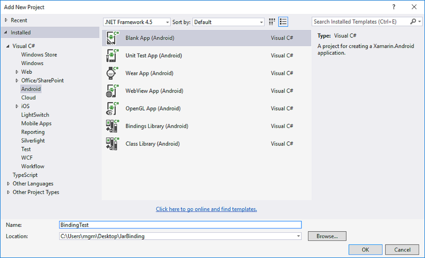 Ajouter un nouveau projet BindingTest