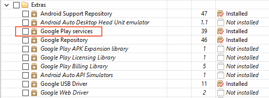 Google Play Services apparaît sous Extras dans le Gestionnaire du SDK Android