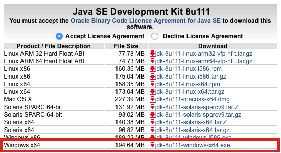 Sélection du package JDK Windows x64 à télécharger à partir de la page de téléchargement JDK