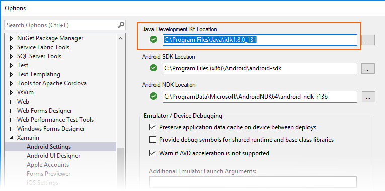 Paramètre de chemin d’accès pour le JDK dans la page Paramètres Android