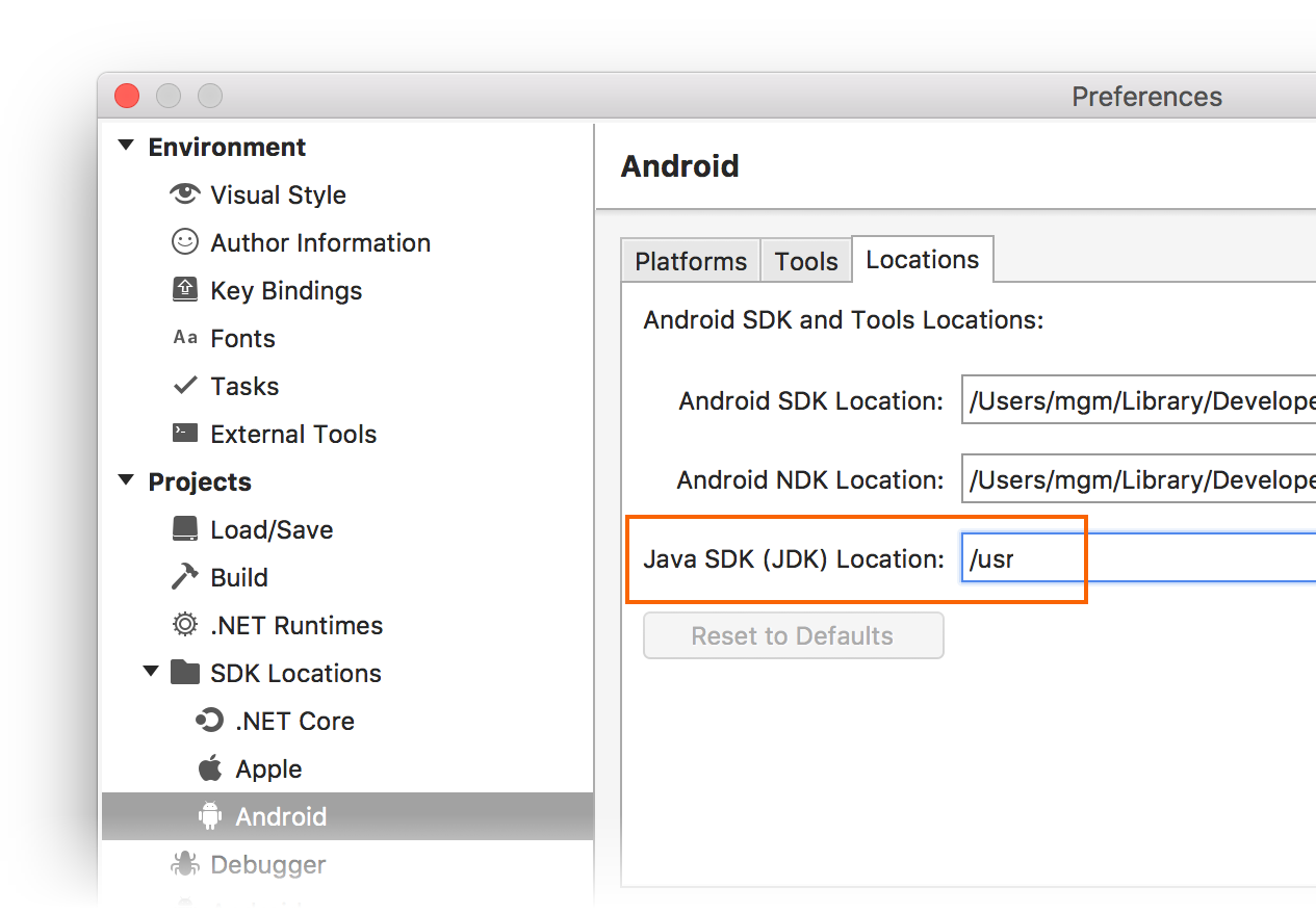 Définition de l’emplacement du JDK dans l’onglet Emplacements Android