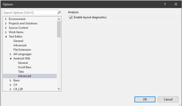 Boîte de dialogue Options montrant comment activer diagnostics option