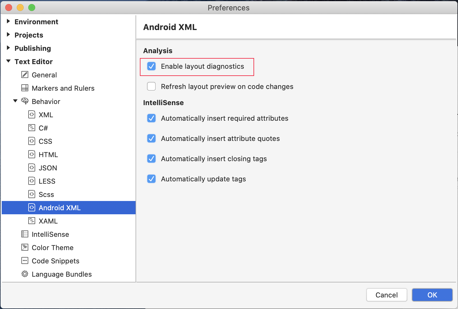 Boîte de dialogue Préférences montrant comment activer diagnostics option