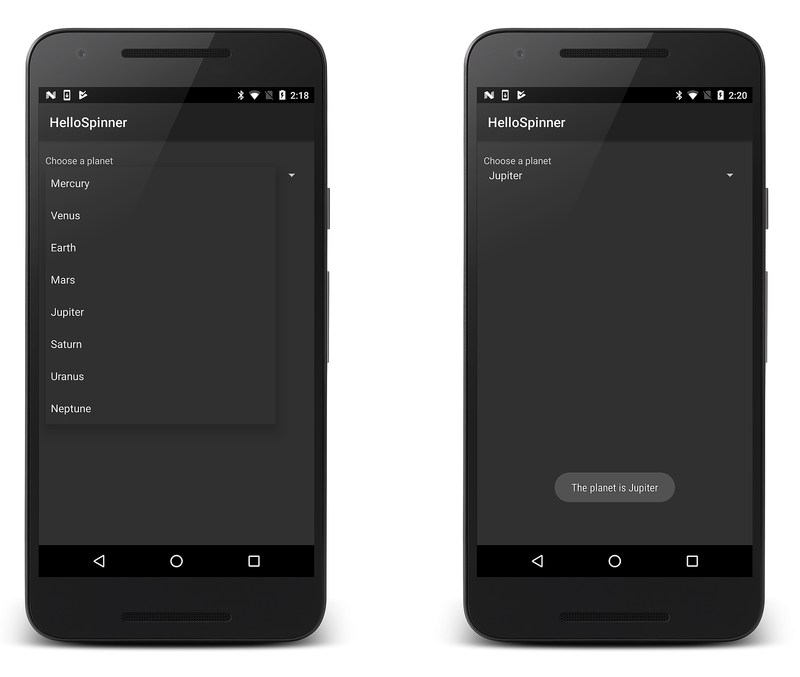 Exemples de captures d’écran de l’application HelloSpinner