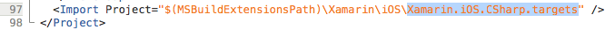 Change the Import element that contains Xamarin.MonoTouch.CSharp.targets to Xamarin.iOS.CSharp.targets as shown