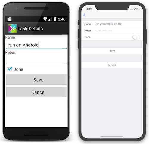 Android et iOS exécutant une application créée avec Visual Basic