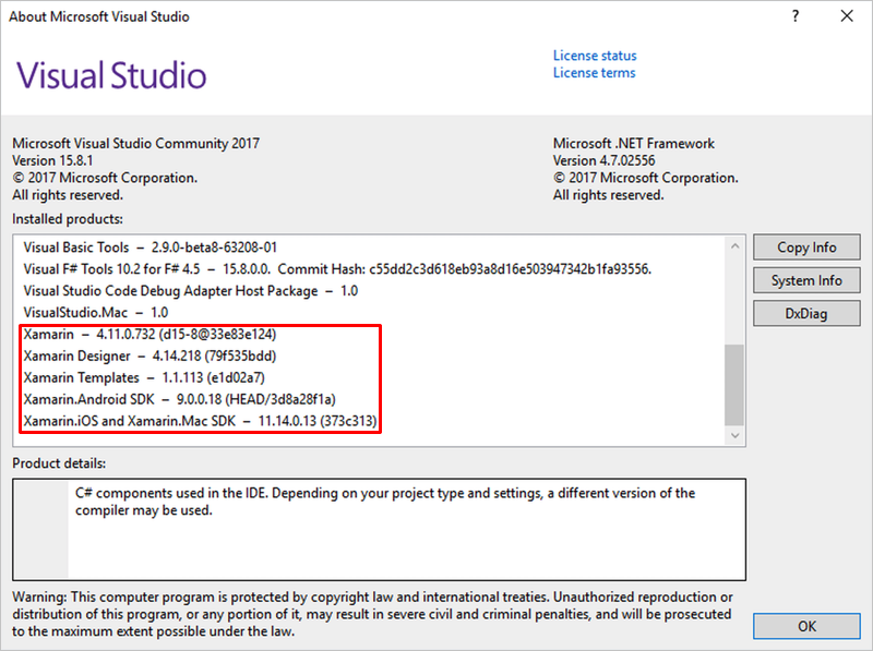 Écran produits installés visual Studio 2019