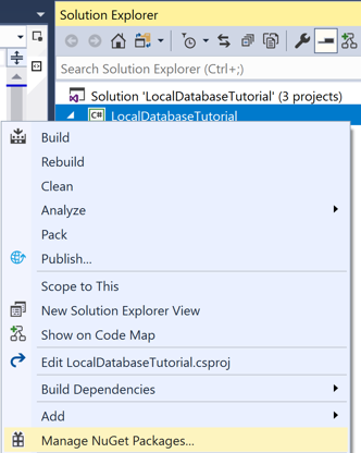 Capture d’écran de l’élément de menu « Gérer les packages NuGet » sélectionné