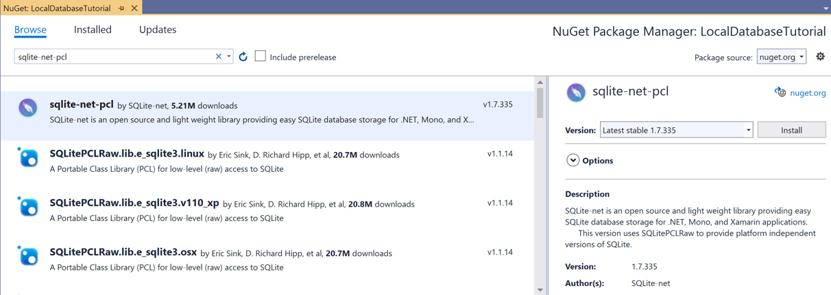 Capture d’écran du package NuGet SQLite.NET dans le Gestionnaire de package NuGet