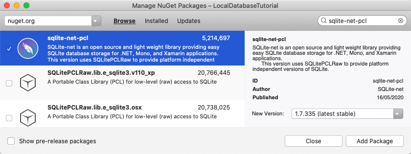 Capture d’écran du package NuGet SQLite.NET dans le Gestionnaire de package NuGet