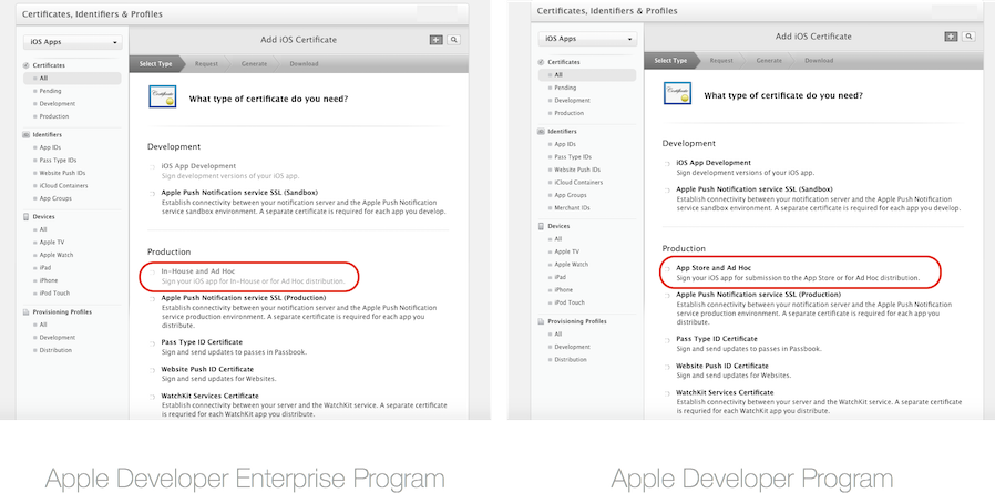 Select In-House and Ad Hoc, or App Store and Ad Hoc