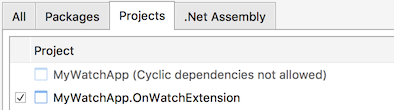 Capture d’écran montrant l’onglet Projets avec le point MyWatchApp OnWatchExtension sélectionné.
