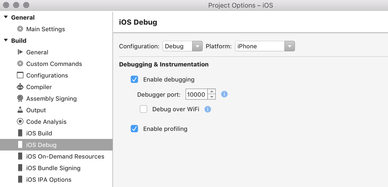 Boîte de dialogue Options iOS dans Visual Studio pour Mac