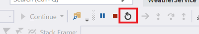 Capture d’écran de la barre d’outils de débogage avec le bouton de redémarrage sélectionné.