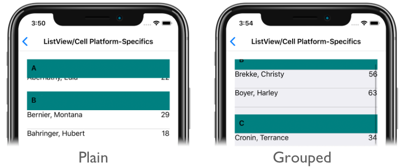 Capture d’écran des cellules d’en-tête ListView flottantes et non flottantes, sur iOS