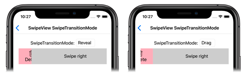 Capture d’écran de SwipeView SwipeTransitionModes, sur iOS