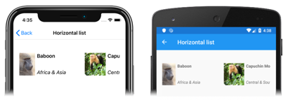 Capture d’écran d’une disposition de liste horizontale CollectionView, sur iOS et Android