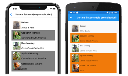 Capture d’écran d’une liste verticale CollectionView avec plusieurs pré-sélections, sur iOS et Android