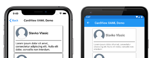 Capture d’écran de l’exemple d’application CardView